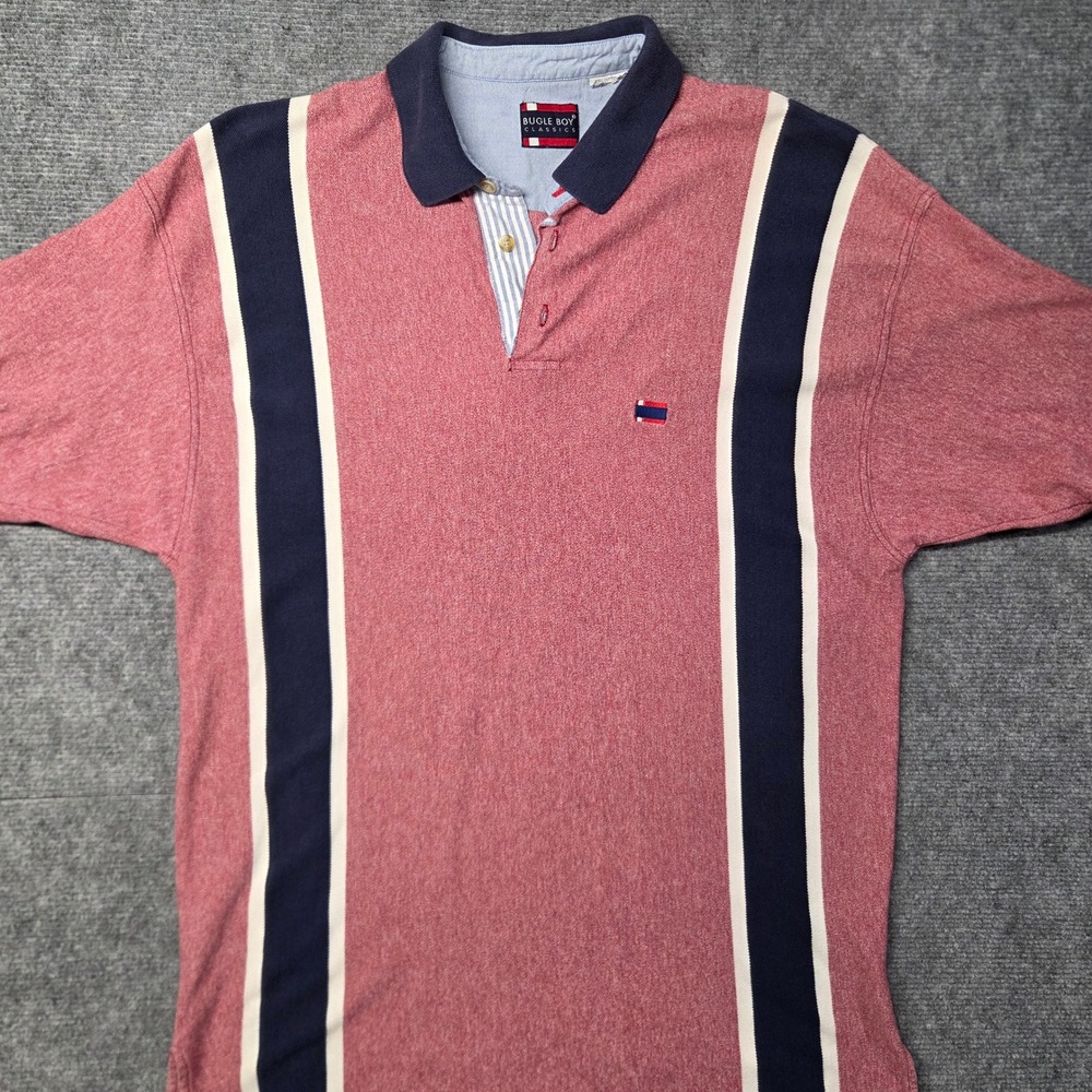Vintage Bugle Boy Classics Polo Shirt Red Navy White Vertical Stripe Mens XL